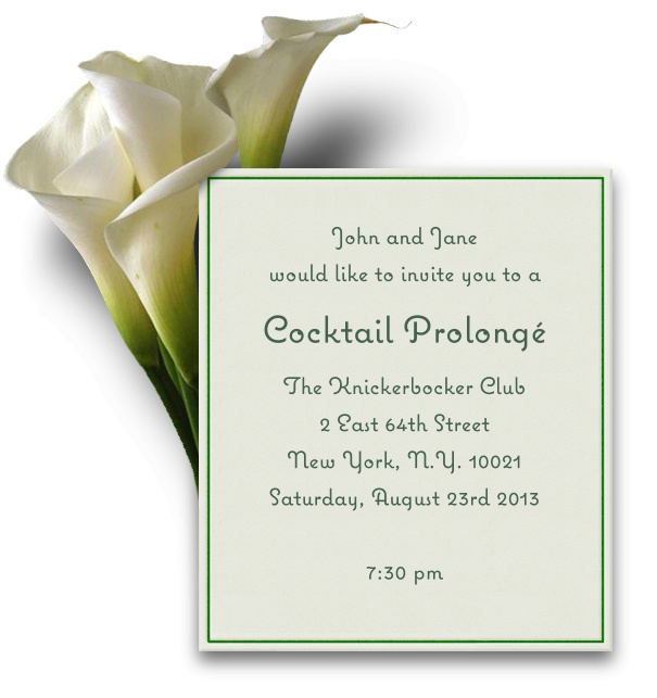 Blume Einladungskarte in weiss mit grünem Rand und digitaler Version einer echten weissen Lilie an der linken oberen Seite.