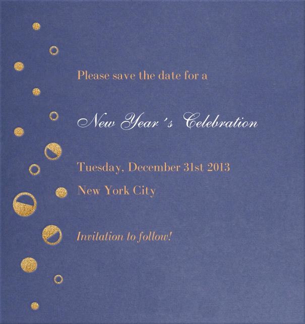 High Blue Celebration Save the Date with Gold Champagne Bubbles.