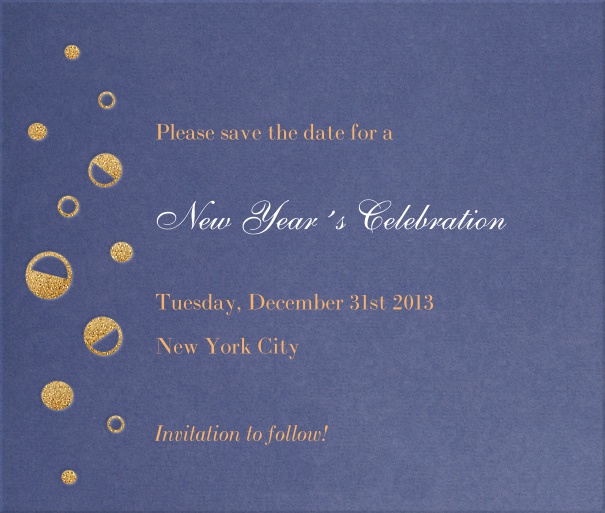 Blue Celebration Save the Date with Gold Champagne Bubbles.