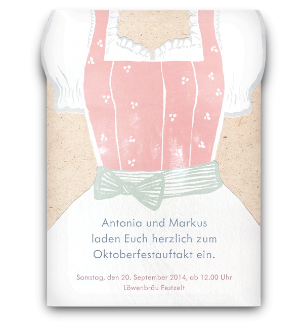 Online Einladungskarte mit handgezeichnetem Dirndl und editierbarem Textfeld.