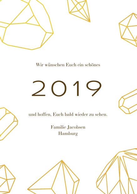 Online Frohes Neues Jahr wünschen mit Neujahrsgrusskarte mit goldenen Diamanten.