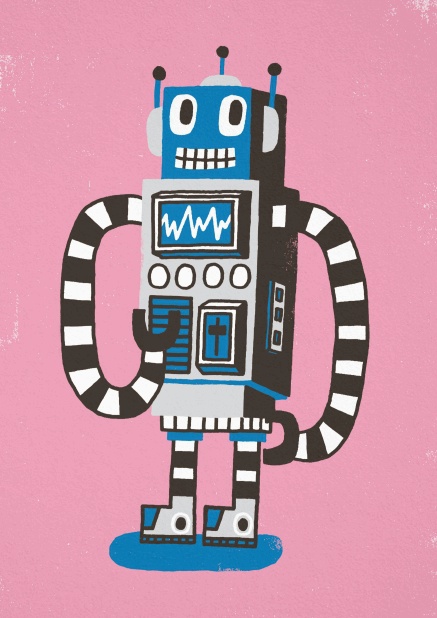 Rosafarbene Karte mit Roboter.