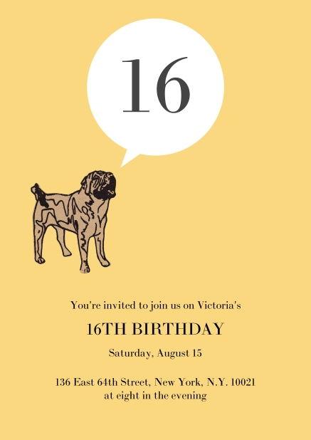 Online birthday invitation with pug barking the 16.