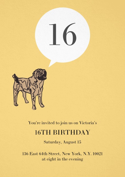 Birthday invitation with pug barking the 16.