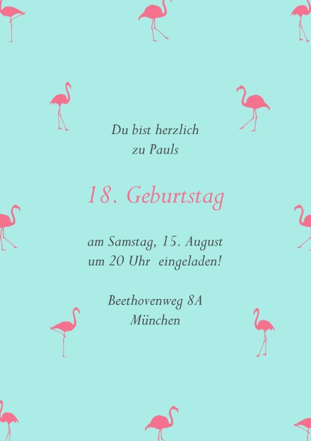 Online Einladung mit pinken Flamingos zum 18. Geburtstag.