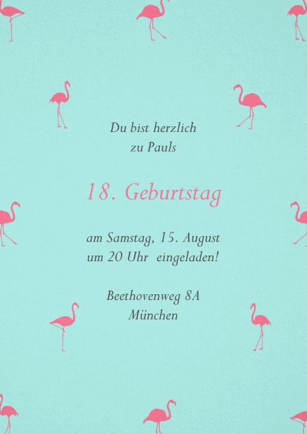 Einladung mit pinken Flamingos zum 18. Geburtstag.
