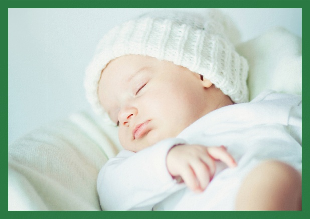 Geburtsanzeige mit Foto und Rahmen und auswählbaren Farben Grün.