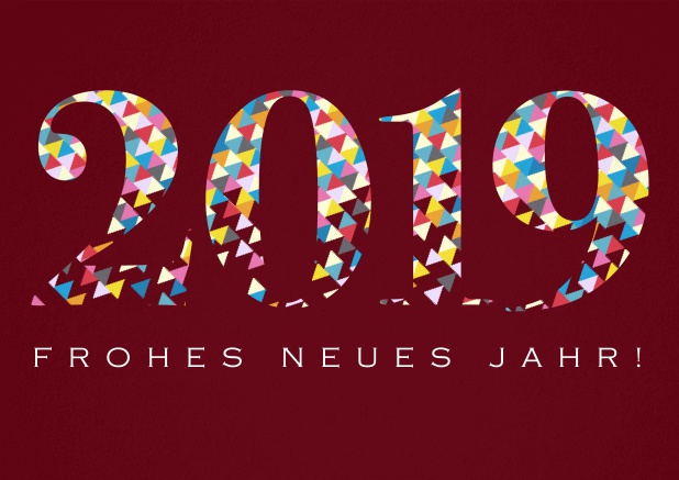 Frohes Neues Jahr wünschen mit dieser Glückwunschkarte mit bunter 2019 und Text. Rot.