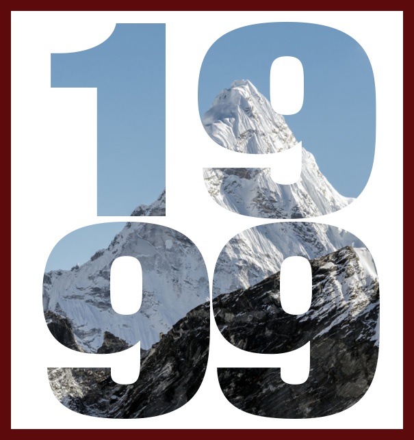 Online Einladungskarte zum 20. Jubiläum mit ausgeschnittener Jahreszahl 1999 und schönen verschneiten Bergimage dahinter. Rot.