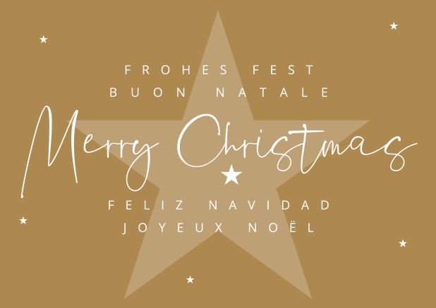 Online Golden Christmas Greeting card with large star and Merry Christmas text in many languages