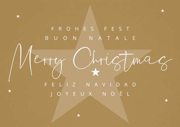 Goldene Weihnachtskarte mit Merry Christmas Text in verschiedenen Sprachen.
