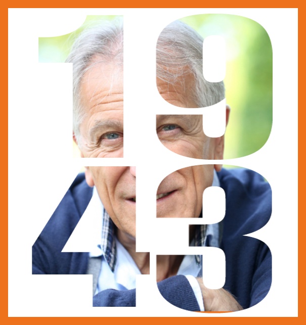 Geburtsjahr 1943 - Orange - 80. Geburtstag Online Einladungskarte mit ausgeschnittenem 1943 in gross Orange.