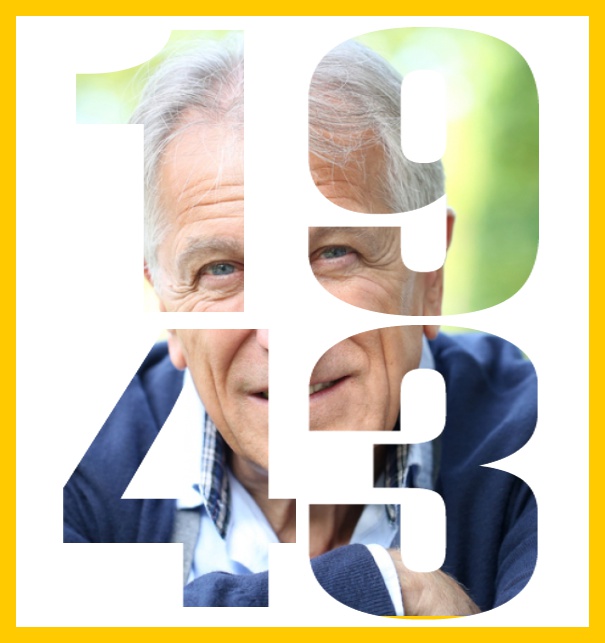 Geburtsjahr 1943 - Gelb - 80. Geburtstag Online Einladungskarte mit ausgeschnittenem 1943 in gross Gelb.