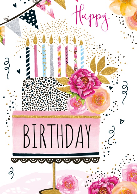 Online Weiße Geburtstagskarte mit farbiger Geburtstagstorte