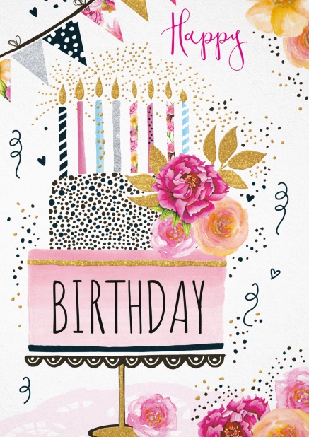 White Birthday Card with coloful Birthday Cake