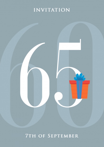 Online invitation card with 65 and orange present Grey.