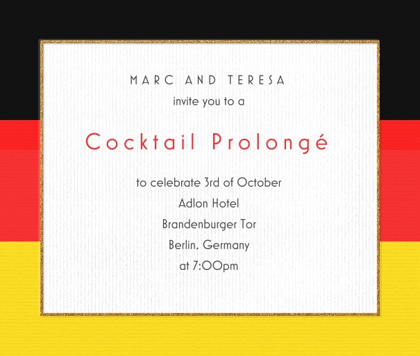 Weisse Einladungskarte in Quadratformat eingerahmt von dem Muster der deutschen Fahne mit schwarz, rot und gold Streifen.