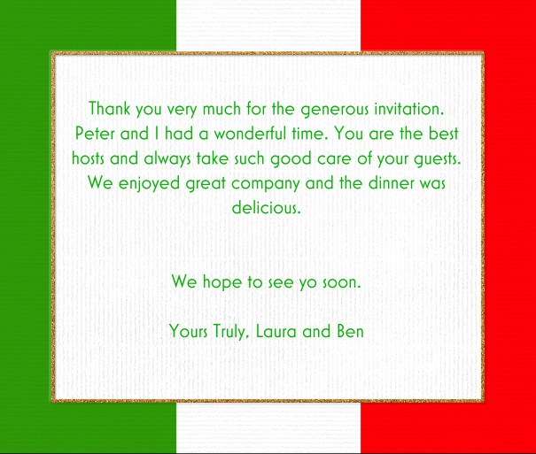 white square format card with a frame of the italian flag with green, white and red stripes. Including designed Mostra Nuova and Bickham font in green and red to match card.