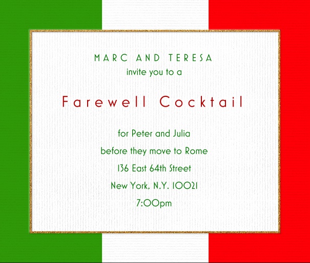 Weisse Einladungskarte in Quadratformat eingerahmt von dem Muster der italienischen Fahne mit grün, weiss und roten Streifen.