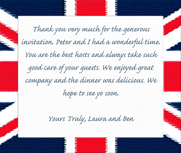 white square format card with a frame of the british flag. Including designed caflisch script and Anabelle font in blue and red to match card.