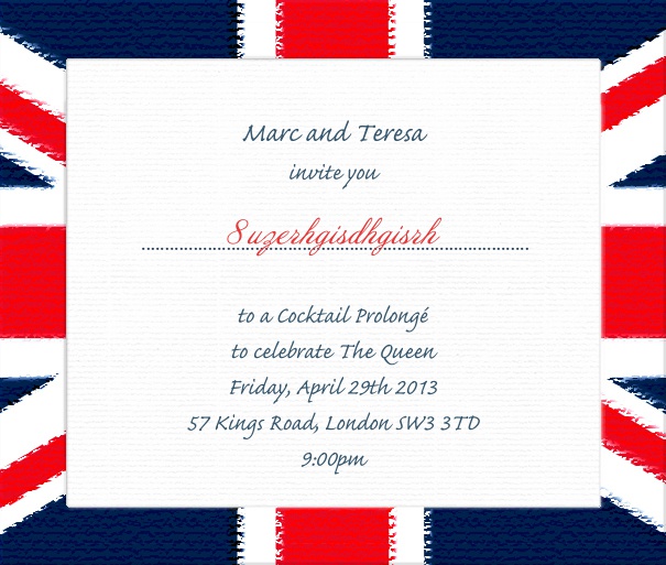 Weisse Einladungskarte in Quadratformat eingerahmt mit dem Muster der britischen Fahne.