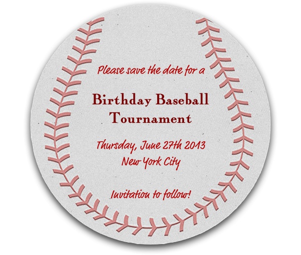 Weisse runde Karte in Baseballdesign zum verschicken von Save the Date Sendungen mit passendem Text zum Anpassen.