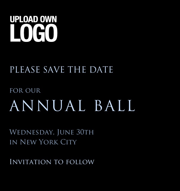 Rectangular black invitation template for corporate events and annual ball with text box in the middle with space on the top to upload own logo.