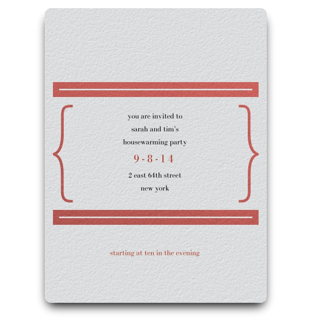 Simple minimalist white card with red horizontal stripes and vertical braces decorations with space in the middle for text.