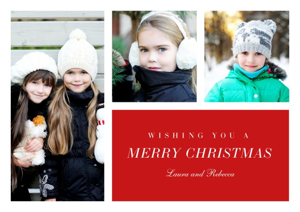 Color Photo Boxes - Holiday cards Photo card with three photos and red box for text.