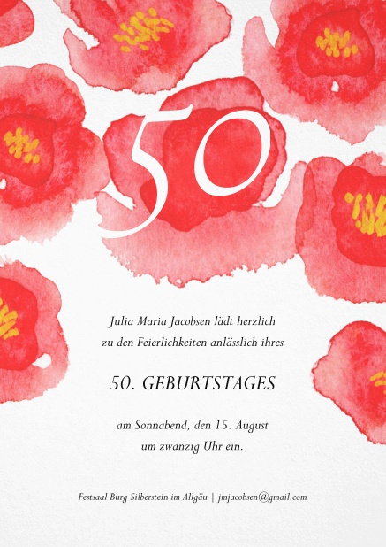 Einladung mit großen, roten Blumen oben zum 50. Geburtstag.