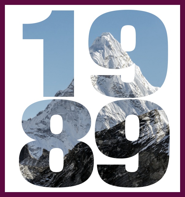 1989 gegründet gross - Lila - 30. Jubiläum Online Einladungskarte zum 30. Jubiläum mit ausgeschnittener Jahreszahl 1989 und schönen verschneiten Bergimage dahinter. Lila.