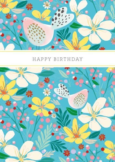 Online Blaue Geburtstagskarte mit farbigen Gartenblumen