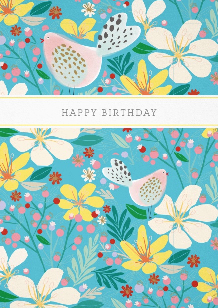 Blaue Geburtstagskarte mit farbigen Gartenblumen