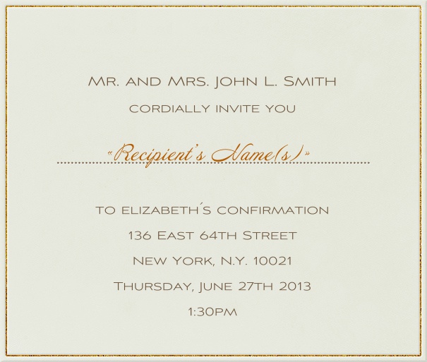 Tan Invitation Template for Christening and Confirmation with thin gold border.