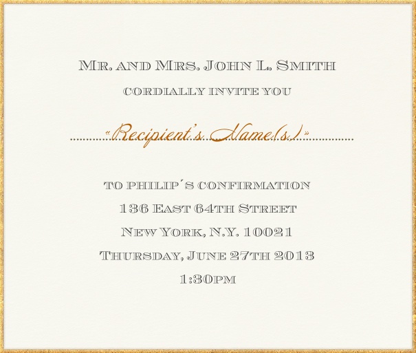 Weiße Einladungskarte für Taufe und Konfirmation mit goldenem Rand.
