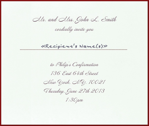 Weiße Online Einladungskarte zur Taufe und Konfirmation in Quadratformat mit rotem Rand und roter Linie unter dem Empfängernamen.