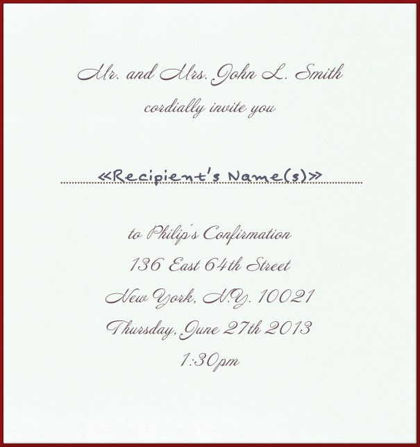 High Format White Custom Christening & Confirmation Invitation Template with Magenta Border.