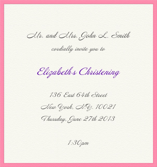 White Invitation for Christening and Confirmation with pink border.