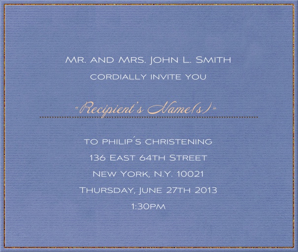 Blue Christening and Confirmation Invitation Card with white front and gold border.