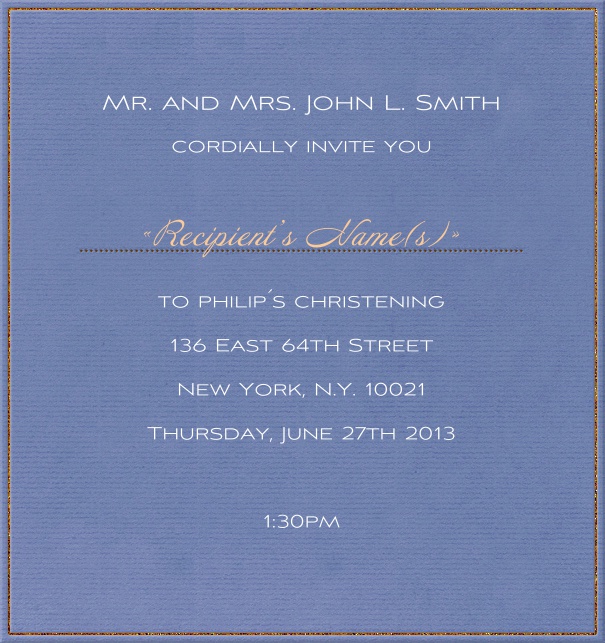 Blue Christening and Confirmation Invitation Card with white front and gold border.