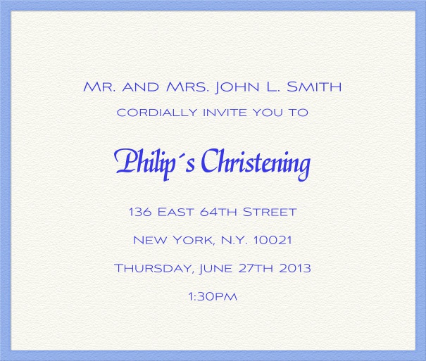 Weiße Einladungskarte für Taufe und Konfirmation mit blauem Rahmen.