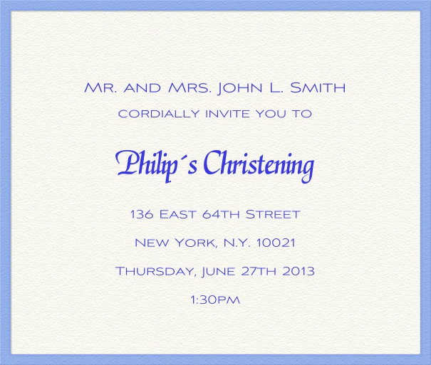 White Christening and Confirmation Invitation Card with blue font and blue border