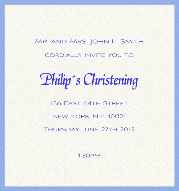 White Christening and Confirmation Invitation Card with blue font and blue border