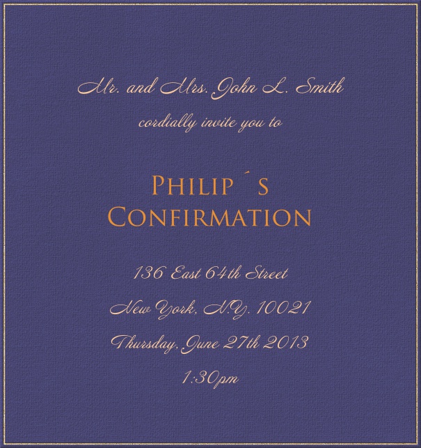 Blaue Einladungskarte für Taufe und Konfirmation mit goldenem Rand.
