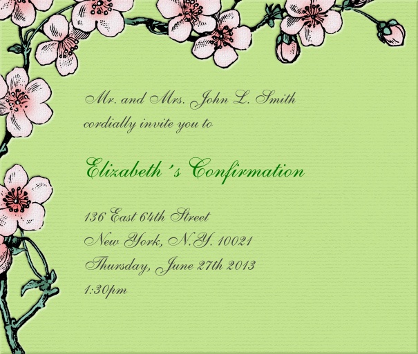 Green Christening and Confirmation Invitation with pink flower border.