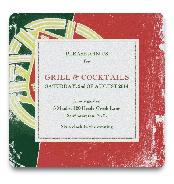 Portuguese flag red and green coulours themed Iinvitation to Grill and cocktails with a golden frame around text.