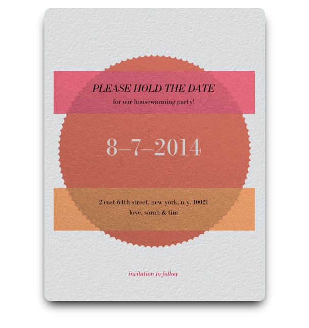 white Save the Date card with orange and pink stripe and customizable circle shaped text box.