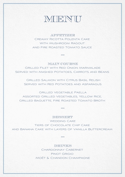 Menu card with thin blue border and editable text.