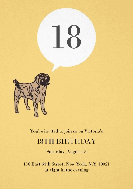 Birthday invitation with pug barking the 18.