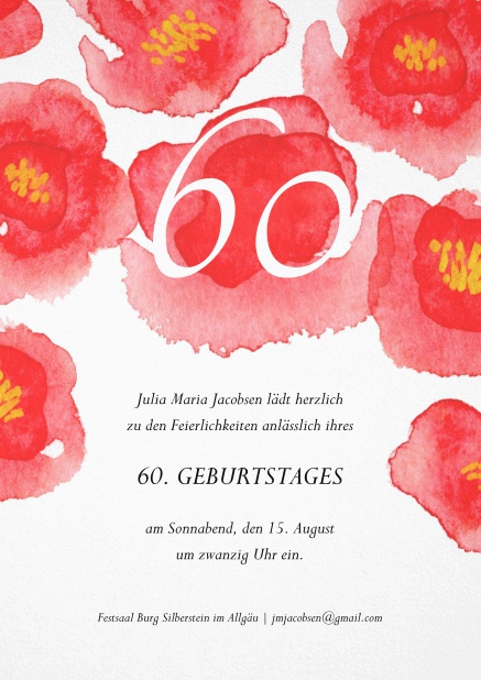 Einladung mit großen, roten Blumen oben zum 60. Geburtstag.